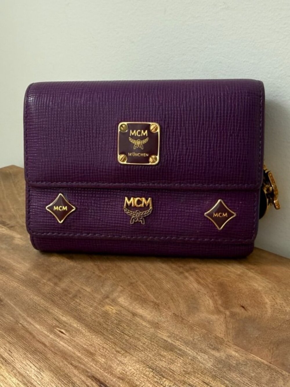 MCM Purple Leather Studded Logo Motifs Trifold Compact Wallet With Charms